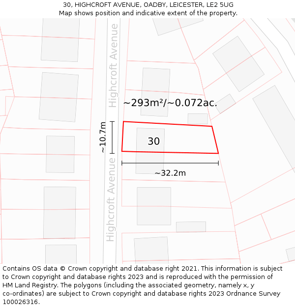 30, HIGHCROFT AVENUE, OADBY, LEICESTER, LE2 5UG: Plot and title map