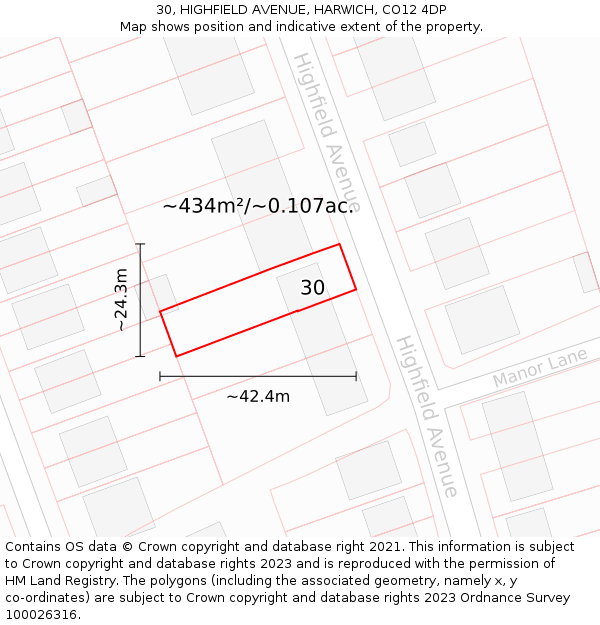 30, HIGHFIELD AVENUE, HARWICH, CO12 4DP: Plot and title map
