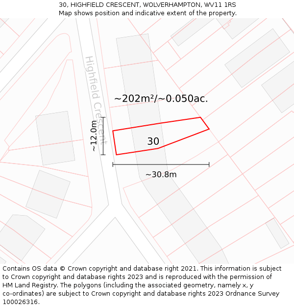 30, HIGHFIELD CRESCENT, WOLVERHAMPTON, WV11 1RS: Plot and title map