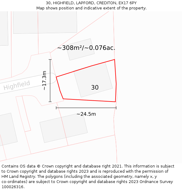 30, HIGHFIELD, LAPFORD, CREDITON, EX17 6PY: Plot and title map