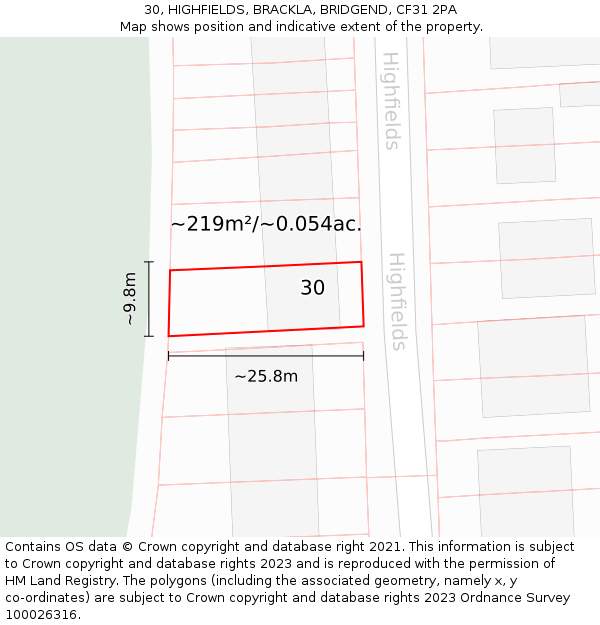 30, HIGHFIELDS, BRACKLA, BRIDGEND, CF31 2PA: Plot and title map