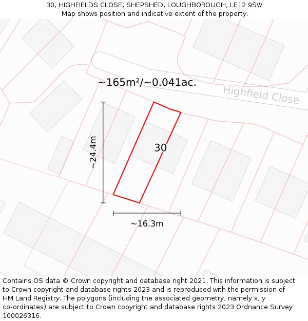 30, HIGHFIELDS CLOSE, SHEPSHED, LOUGHBOROUGH, LE12 9SW: Plot and title map