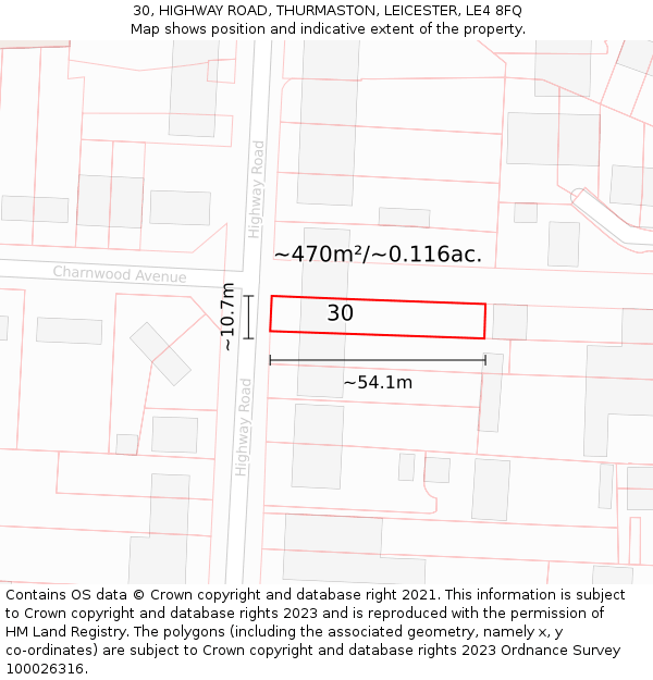 30, HIGHWAY ROAD, THURMASTON, LEICESTER, LE4 8FQ: Plot and title map