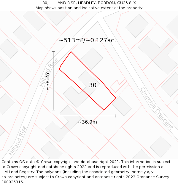 30, HILLAND RISE, HEADLEY, BORDON, GU35 8LX: Plot and title map