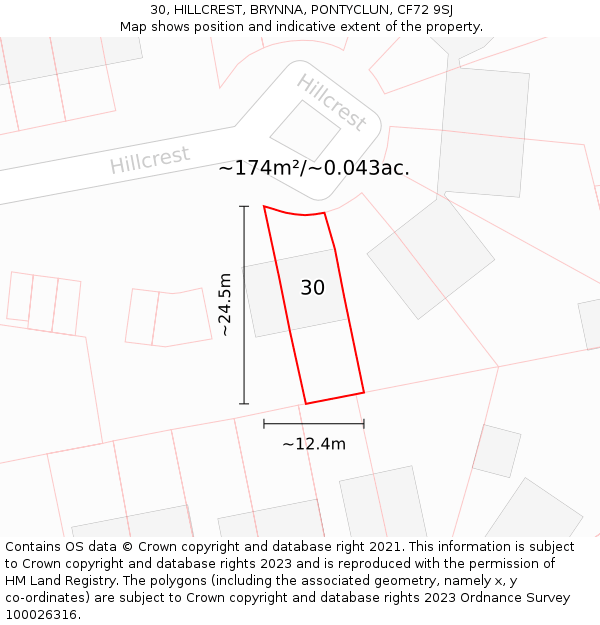 30, HILLCREST, BRYNNA, PONTYCLUN, CF72 9SJ: Plot and title map