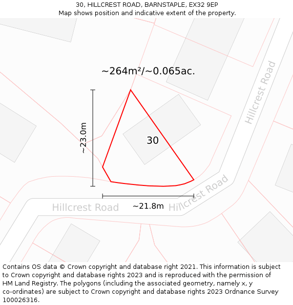 30, HILLCREST ROAD, BARNSTAPLE, EX32 9EP: Plot and title map