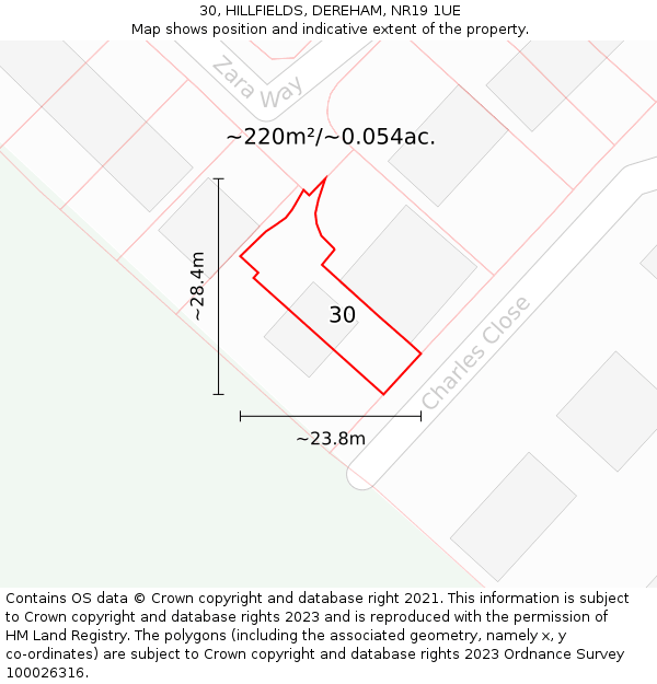 30, HILLFIELDS, DEREHAM, NR19 1UE: Plot and title map
