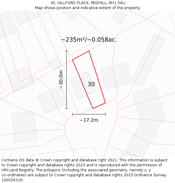 30, HILLFORD PLACE, REDHILL, RH1 5AU: Plot and title map