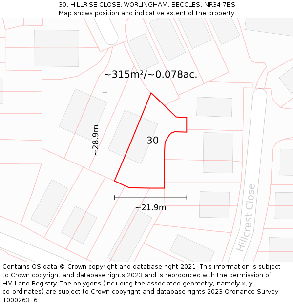30, HILLRISE CLOSE, WORLINGHAM, BECCLES, NR34 7BS: Plot and title map