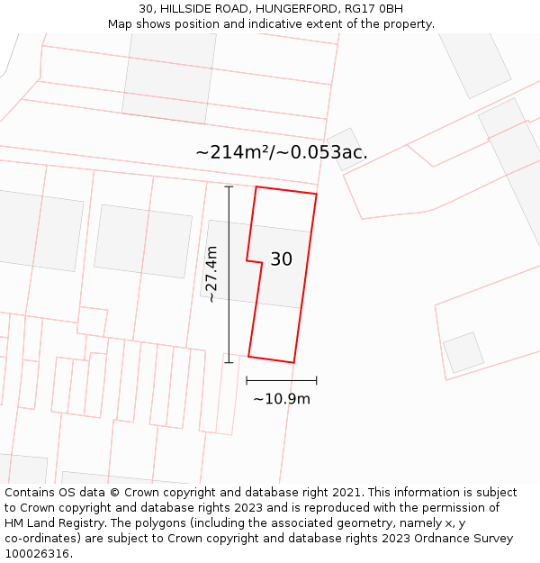 30, HILLSIDE ROAD, HUNGERFORD, RG17 0BH: Plot and title map