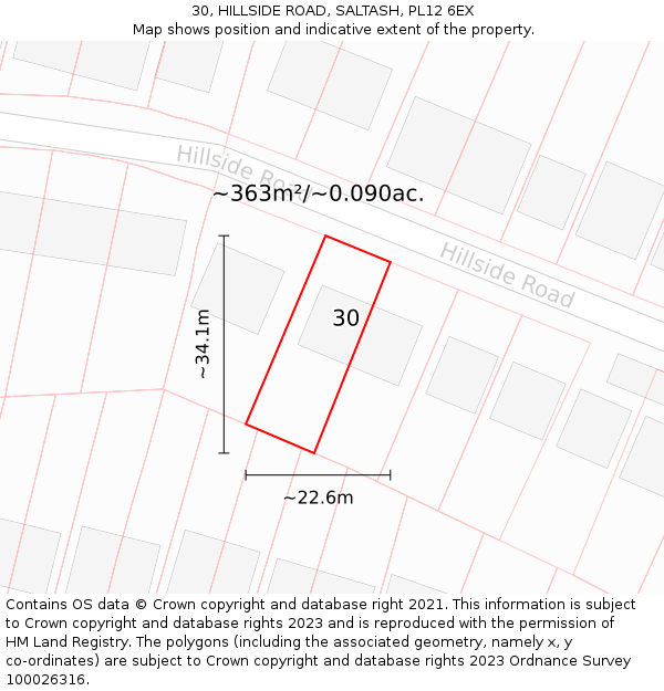 30, HILLSIDE ROAD, SALTASH, PL12 6EX: Plot and title map
