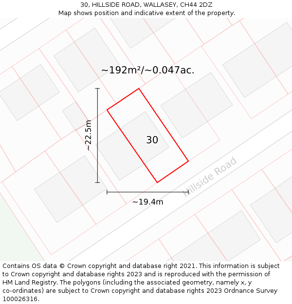 30, HILLSIDE ROAD, WALLASEY, CH44 2DZ: Plot and title map