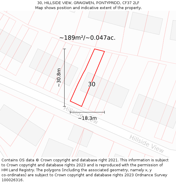30, HILLSIDE VIEW, GRAIGWEN, PONTYPRIDD, CF37 2LF: Plot and title map