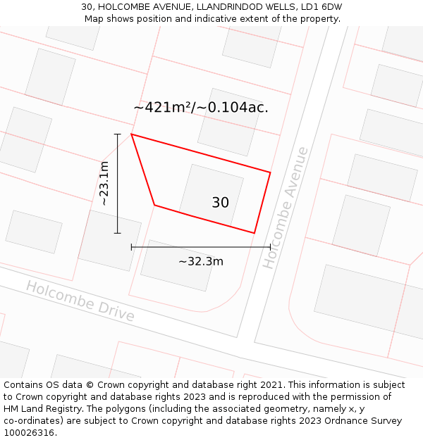 30, HOLCOMBE AVENUE, LLANDRINDOD WELLS, LD1 6DW: Plot and title map