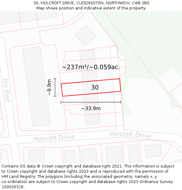30, HOLCROFT DRIVE, CUDDINGTON, NORTHWICH, CW8 2BS: Plot and title map