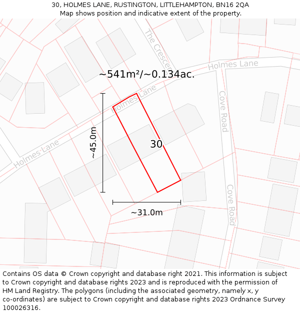 30, HOLMES LANE, RUSTINGTON, LITTLEHAMPTON, BN16 2QA: Plot and title map