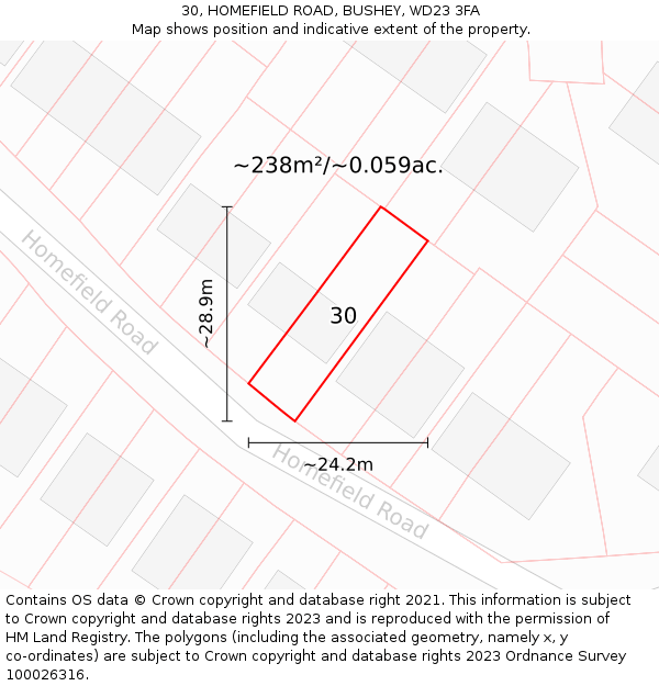 30, HOMEFIELD ROAD, BUSHEY, WD23 3FA: Plot and title map