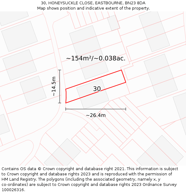 30, HONEYSUCKLE CLOSE, EASTBOURNE, BN23 8DA: Plot and title map
