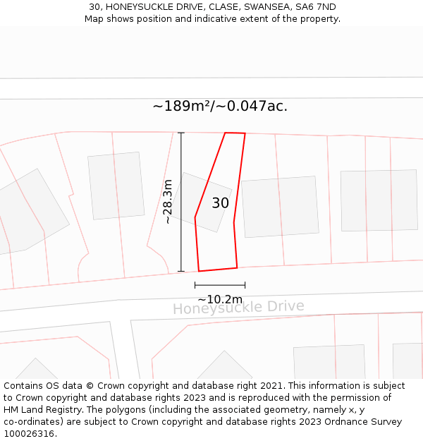 30, HONEYSUCKLE DRIVE, CLASE, SWANSEA, SA6 7ND: Plot and title map