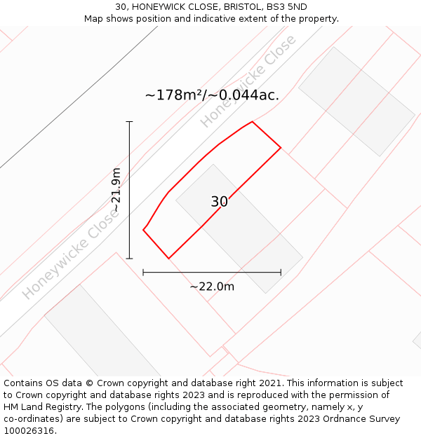 30, HONEYWICK CLOSE, BRISTOL, BS3 5ND: Plot and title map