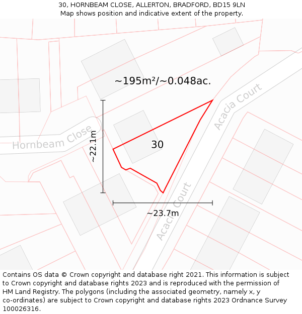 30, HORNBEAM CLOSE, ALLERTON, BRADFORD, BD15 9LN: Plot and title map