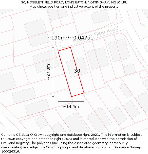 30, HOSELETT FIELD ROAD, LONG EATON, NOTTINGHAM, NG10 1PU: Plot and title map
