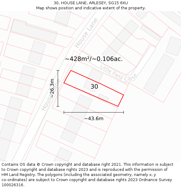 30, HOUSE LANE, ARLESEY, SG15 6XU: Plot and title map