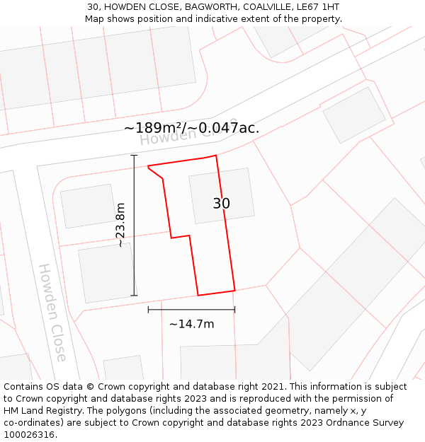 30, HOWDEN CLOSE, BAGWORTH, COALVILLE, LE67 1HT: Plot and title map