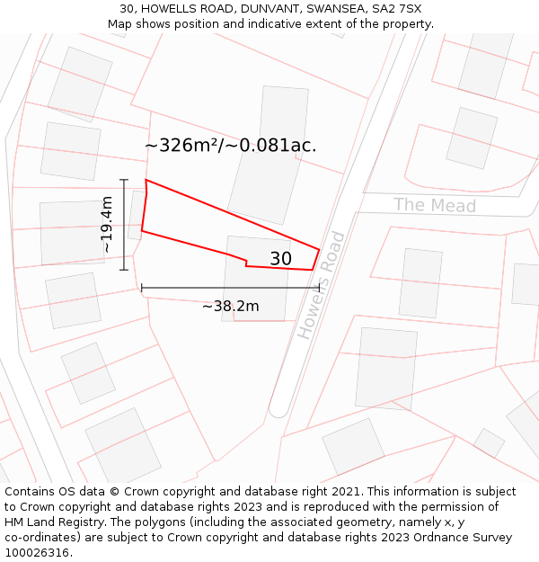 30, HOWELLS ROAD, DUNVANT, SWANSEA, SA2 7SX: Plot and title map
