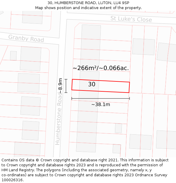 30, HUMBERSTONE ROAD, LUTON, LU4 9SP: Plot and title map