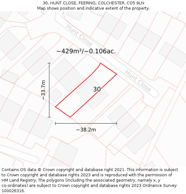 30, HUNT CLOSE, FEERING, COLCHESTER, CO5 9LN: Plot and title map