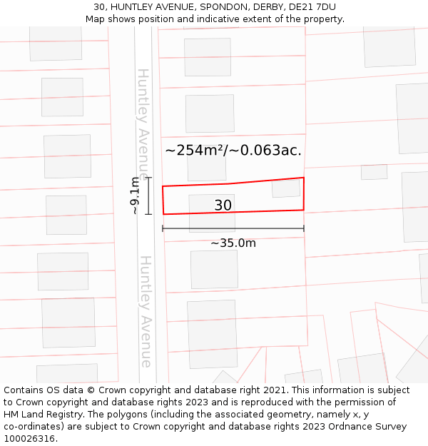 30, HUNTLEY AVENUE, SPONDON, DERBY, DE21 7DU: Plot and title map