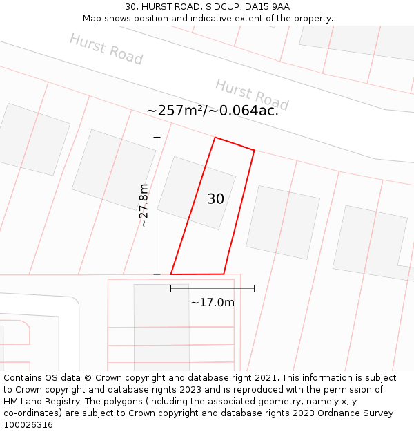 30, HURST ROAD, SIDCUP, DA15 9AA: Plot and title map