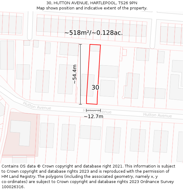 30, HUTTON AVENUE, HARTLEPOOL, TS26 9PN: Plot and title map