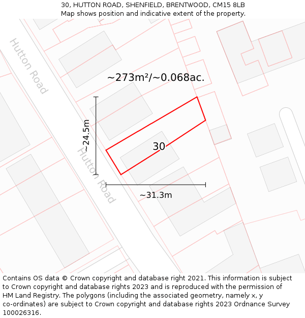 30, HUTTON ROAD, SHENFIELD, BRENTWOOD, CM15 8LB: Plot and title map