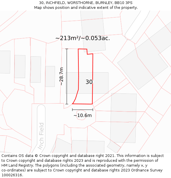 30, INCHFIELD, WORSTHORNE, BURNLEY, BB10 3PS: Plot and title map
