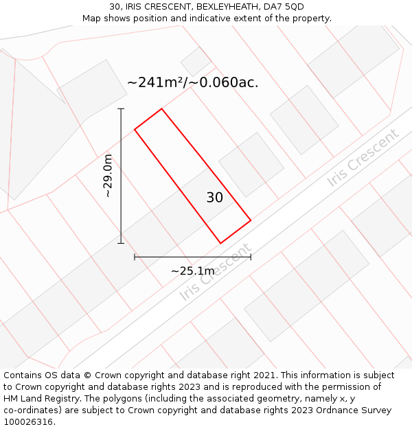 30, IRIS CRESCENT, BEXLEYHEATH, DA7 5QD: Plot and title map