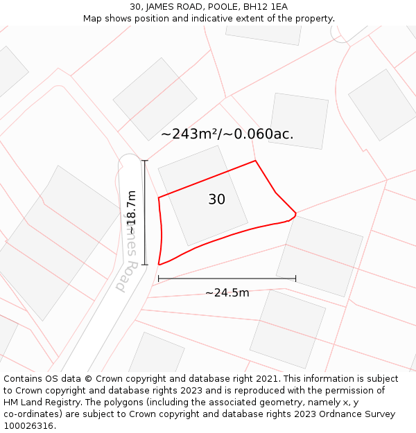 30, JAMES ROAD, POOLE, BH12 1EA: Plot and title map