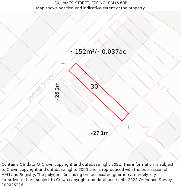 30, JAMES STREET, EPPING, CM16 6RR: Plot and title map