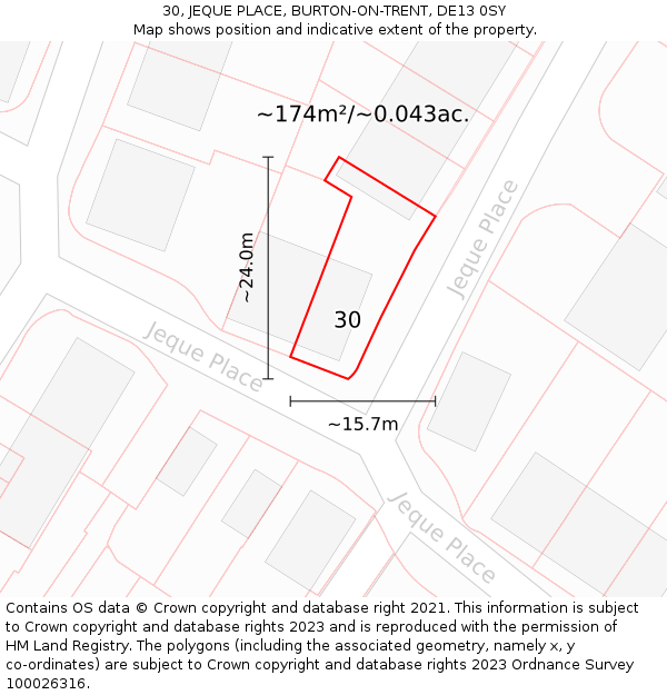 30, JEQUE PLACE, BURTON-ON-TRENT, DE13 0SY: Plot and title map