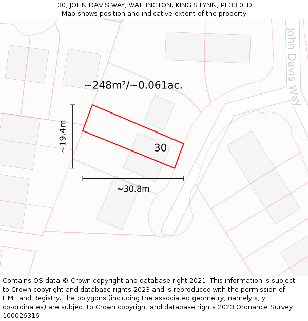 30, JOHN DAVIS WAY, WATLINGTON, KING'S LYNN, PE33 0TD: Plot and title map