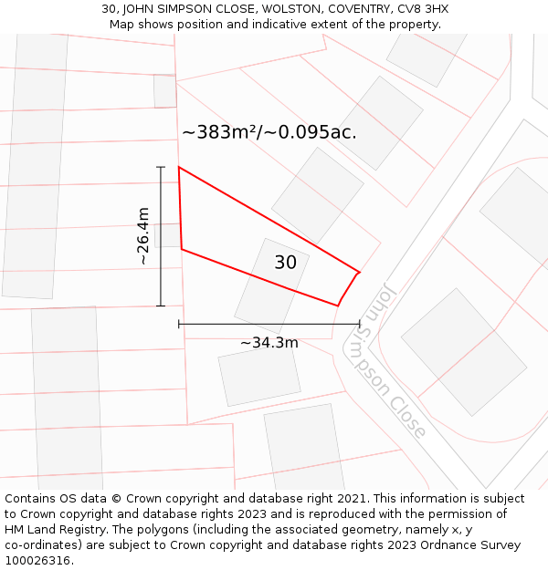 30, JOHN SIMPSON CLOSE, WOLSTON, COVENTRY, CV8 3HX: Plot and title map