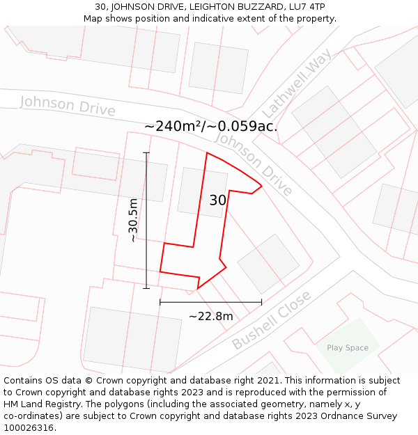 30, JOHNSON DRIVE, LEIGHTON BUZZARD, LU7 4TP: Plot and title map