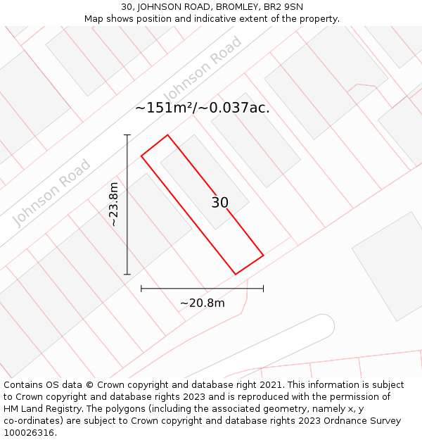 30, JOHNSON ROAD, BROMLEY, BR2 9SN: Plot and title map