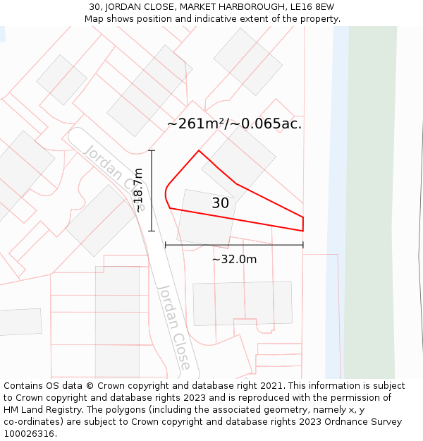 30, JORDAN CLOSE, MARKET HARBOROUGH, LE16 8EW: Plot and title map