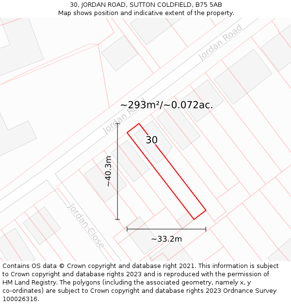 30, JORDAN ROAD, SUTTON COLDFIELD, B75 5AB: Plot and title map
