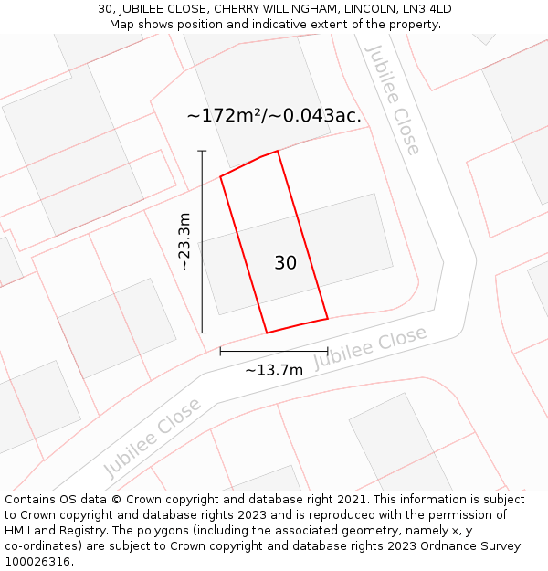 30, JUBILEE CLOSE, CHERRY WILLINGHAM, LINCOLN, LN3 4LD: Plot and title map