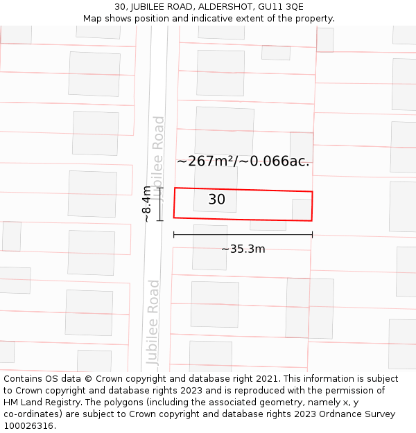 30, JUBILEE ROAD, ALDERSHOT, GU11 3QE: Plot and title map