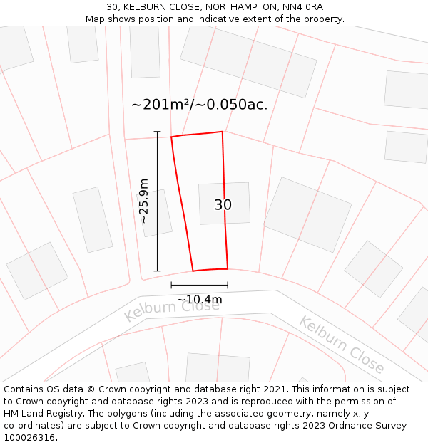 30, KELBURN CLOSE, NORTHAMPTON, NN4 0RA: Plot and title map