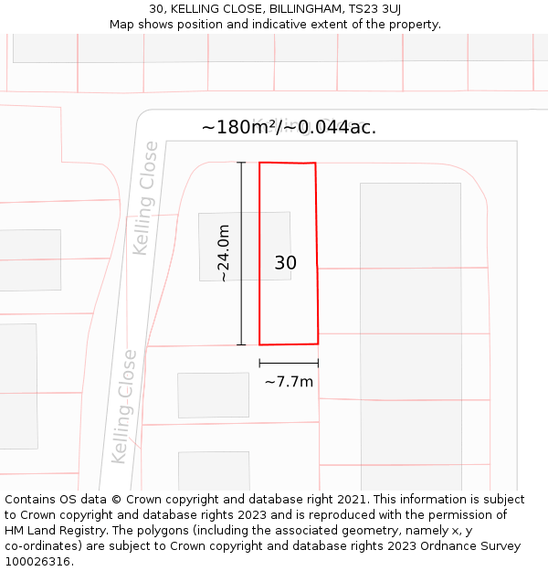 30, KELLING CLOSE, BILLINGHAM, TS23 3UJ: Plot and title map